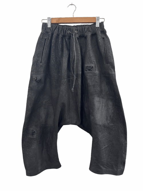 DISTRESSED LEATHER DROP CROTCH PANTS